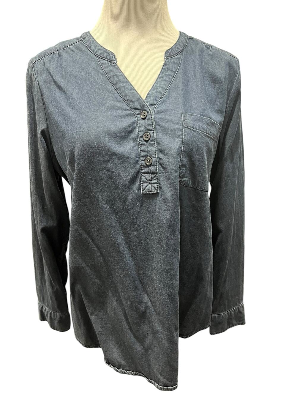 Denim & Co. Stretch Y-Neck Long-Sleeve Dark Wash Chambray Blouse SIZE Large